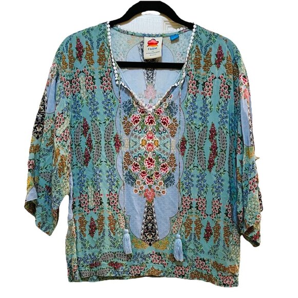 FARM RIO Lt Blue Peasant 3/4 Flutter Sleeve Blouse Sz S - Picture 4 of 12